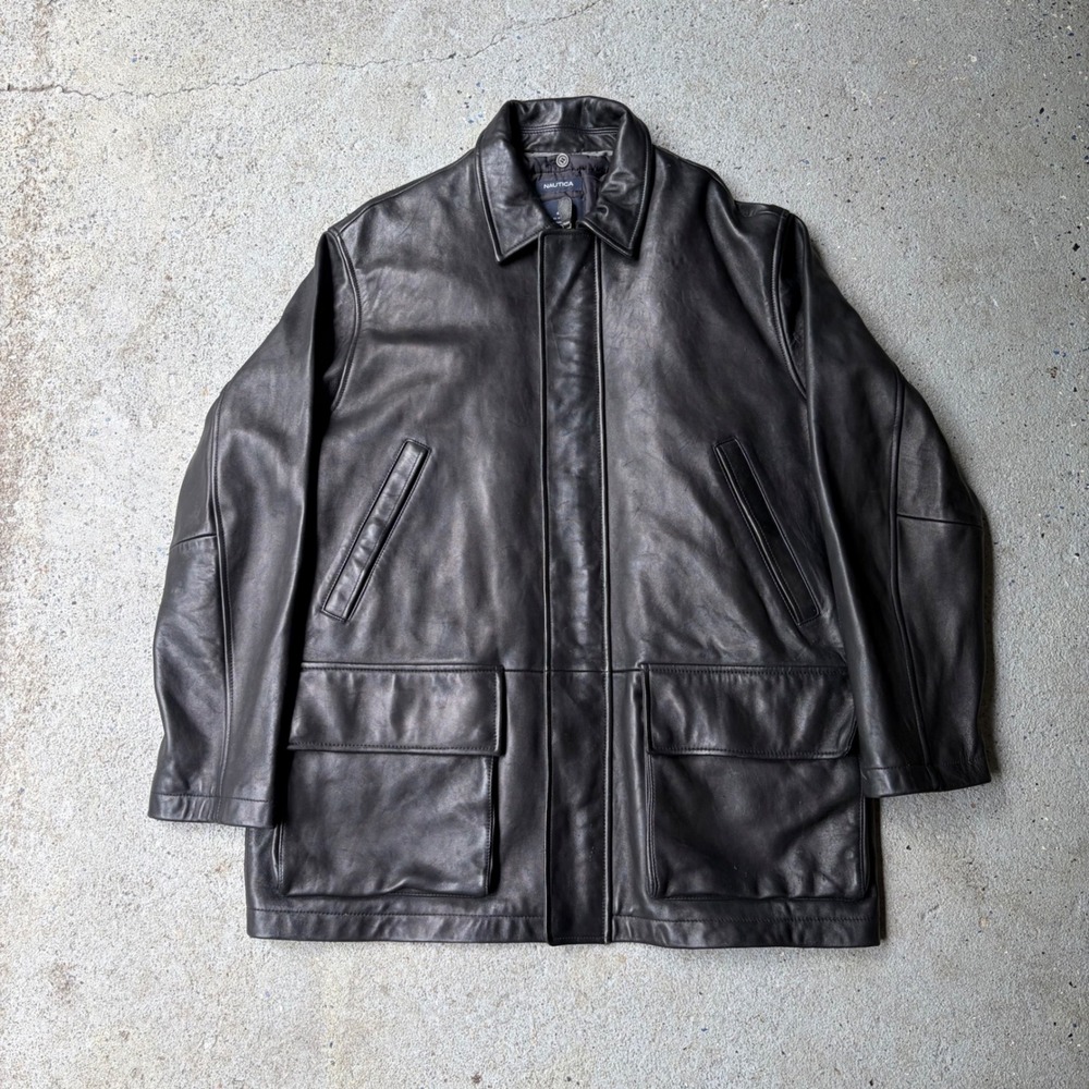 Nautica Mens Black Genuine Leather Car Coat Field Jacket Quilted Lining Size 42